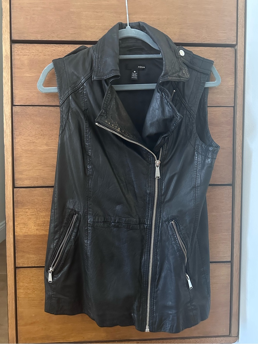 Aqua by Bloomingdales 100% Leather Black Moto Vest